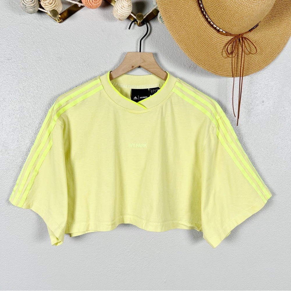 Adidas x Ivy Park 3-Stripes Crop Tee in Hi-Res Yellow Size Small - Picture 2 of 7